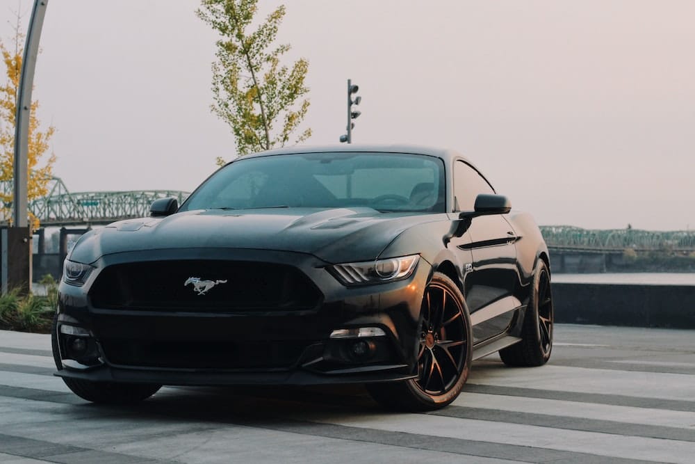 cupé Ford Mustang negro estacionado cerca de un árbol verde