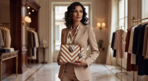 Mujer europea sujetando elegante bolso Valentino Garavani Panthea con patrón chevron y detalles felinos en boutique de lujo italiana