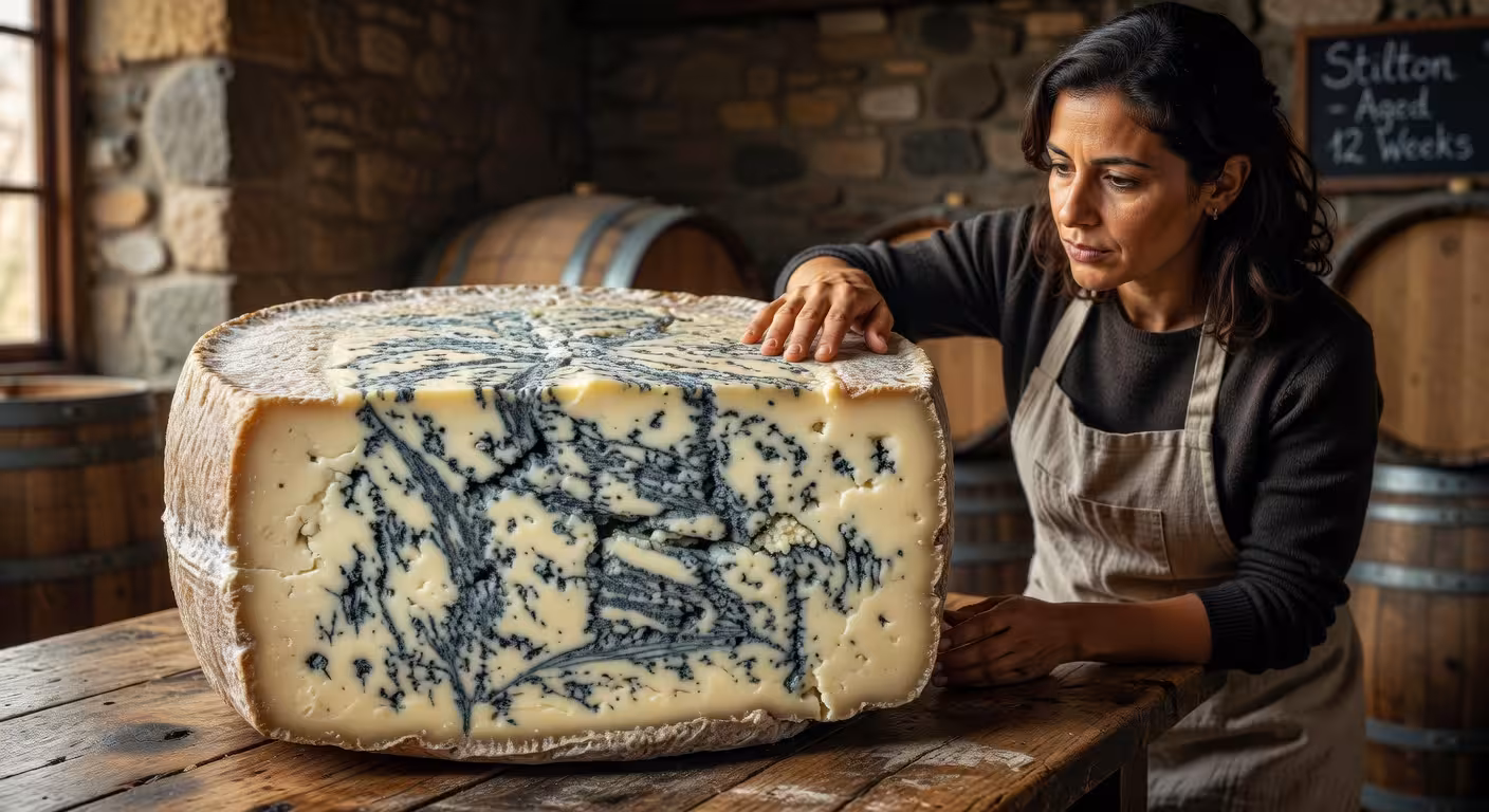 Queso Stilton azul británico auténtico con vetas azul verdosas características y textura cremosa