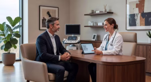 Los mejores expertos para ayudarte a llevar un estilo de vida saludable Hombre ejecutivo en consulta con médico de medicina del estilo de vida en clínica de lujo