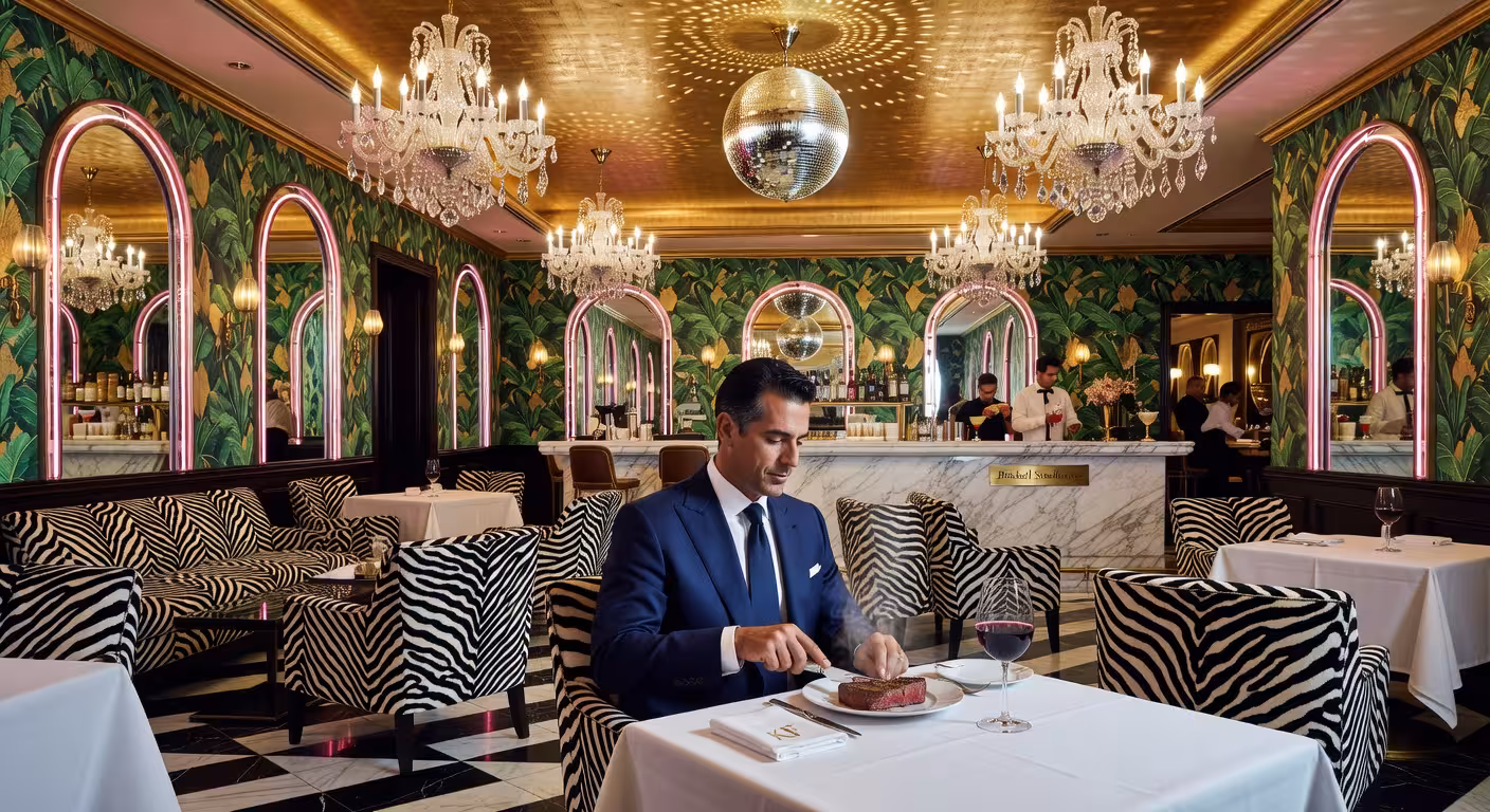 Interior lujoso de Dirty French Steakhouse en Brickell con sillas de cebra, lámparas de cristal de Murano y ambiente glamuroso