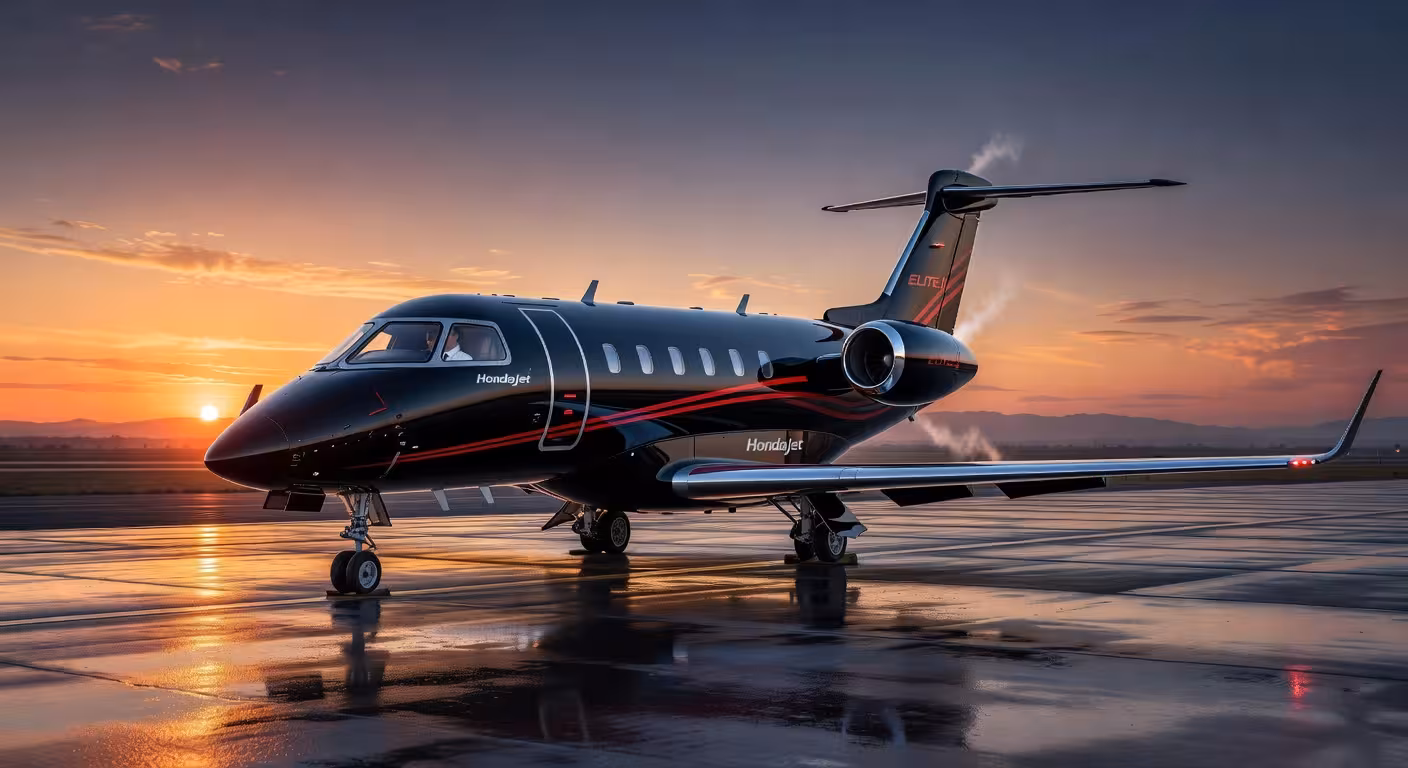 HondaJet Elite II en la pista con su distintivo esquema de pintura negro y motores montados sobre las alas