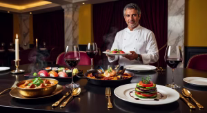 Mesa de alta gastronomía con platos de cocina internacional incluyendo curry indio, sushi japonés y paella mediterránea