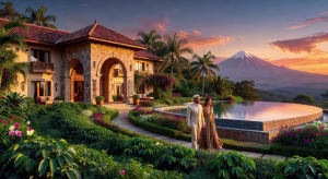 Vista exterior del Gran Meliá Arusha con jardines tropicales y Monte Meru al fondo