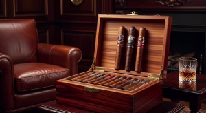 Selección de cigarros premium de lujo sobre humidor de caoba con iluminación cálida
