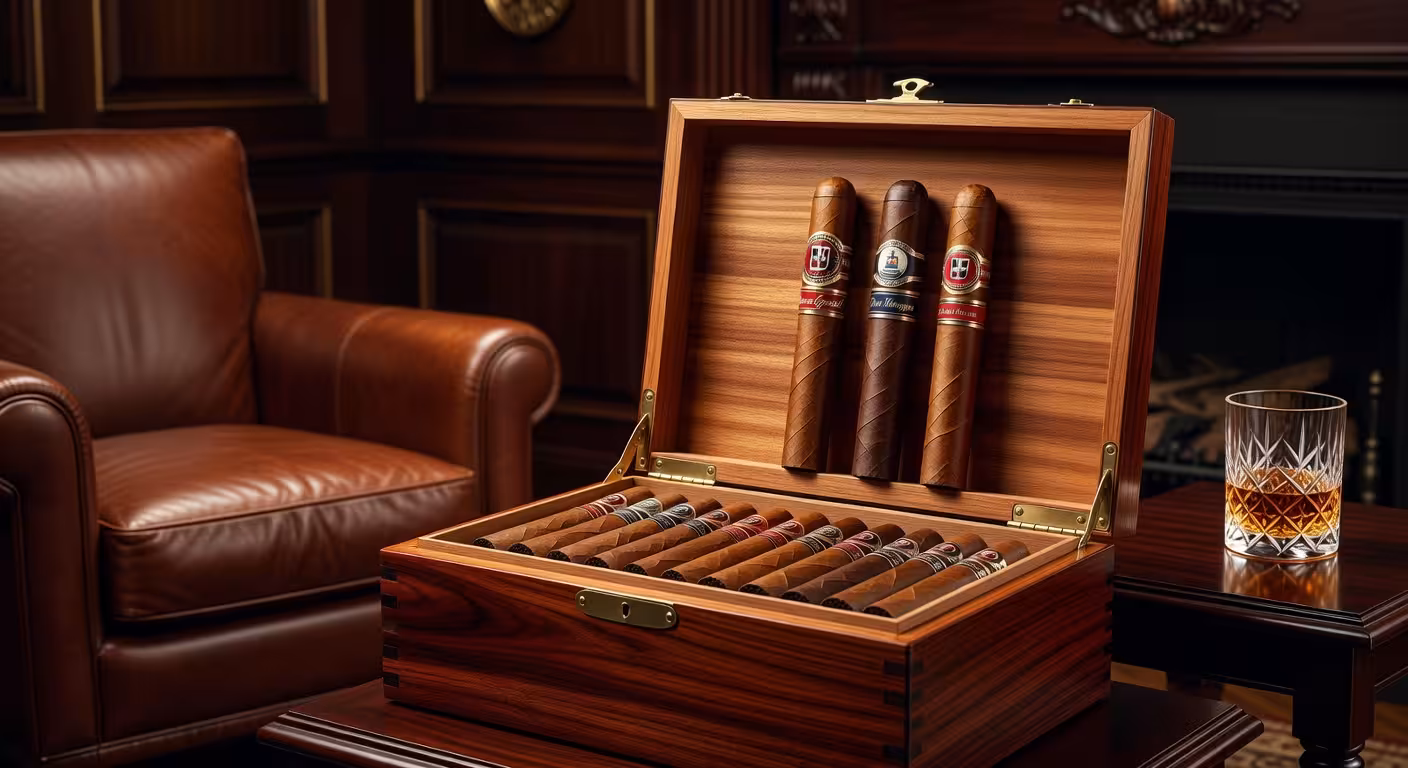 Selección de cigarros premium de lujo sobre humidor de caoba con iluminación cálida