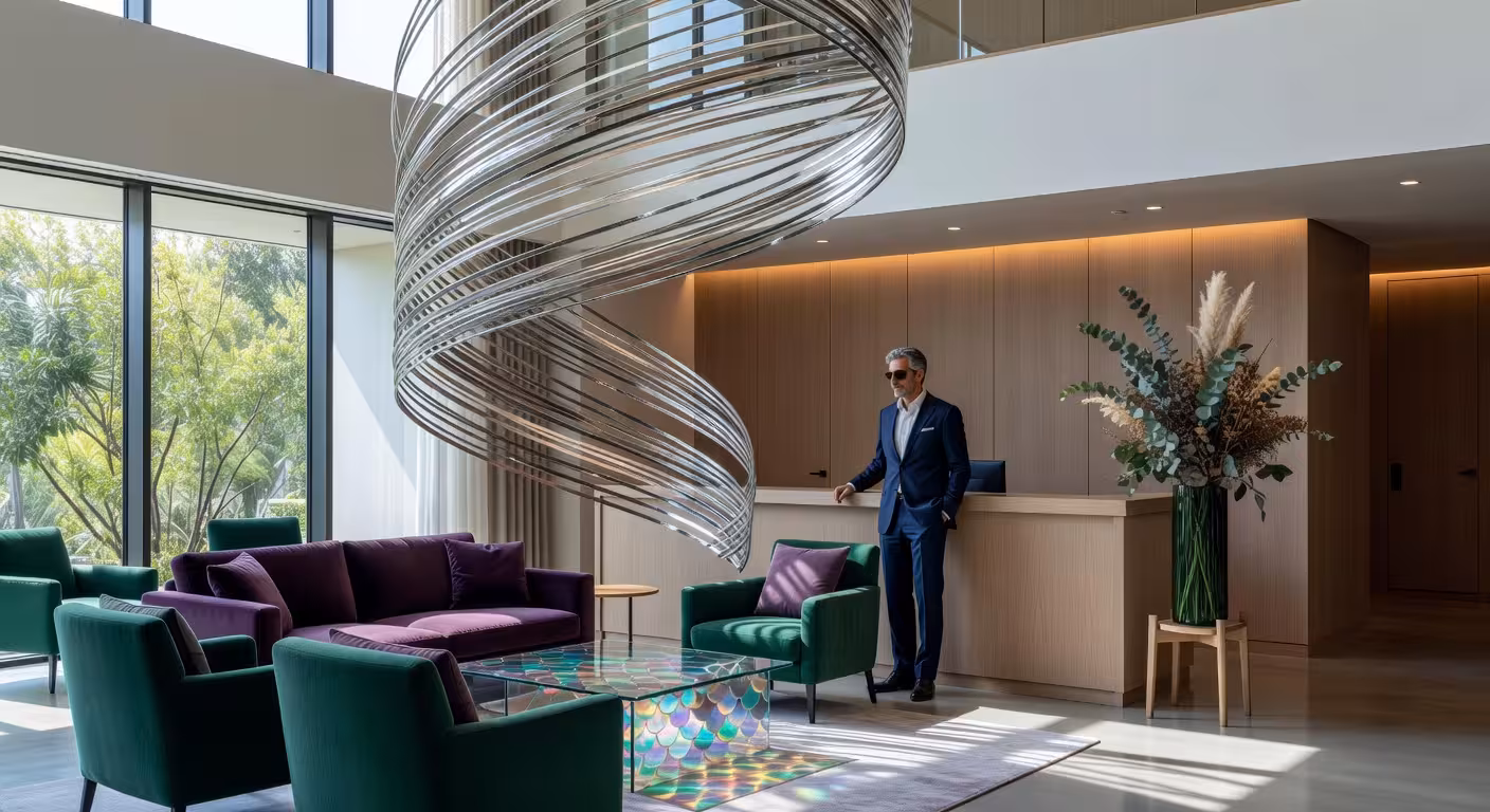 Vestíbulo del Nobu Hotel London Portman Square con escultura cinética plateada y diseño minimalista japonés