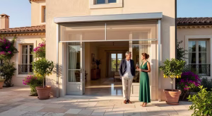 7 razones por las que necesitas pantallas retráctiles en tu hogar Sistema de pantalla retráctil elegante en puerta francesa de villa de lujo con pareja disfrutando del espacio interior-exterior