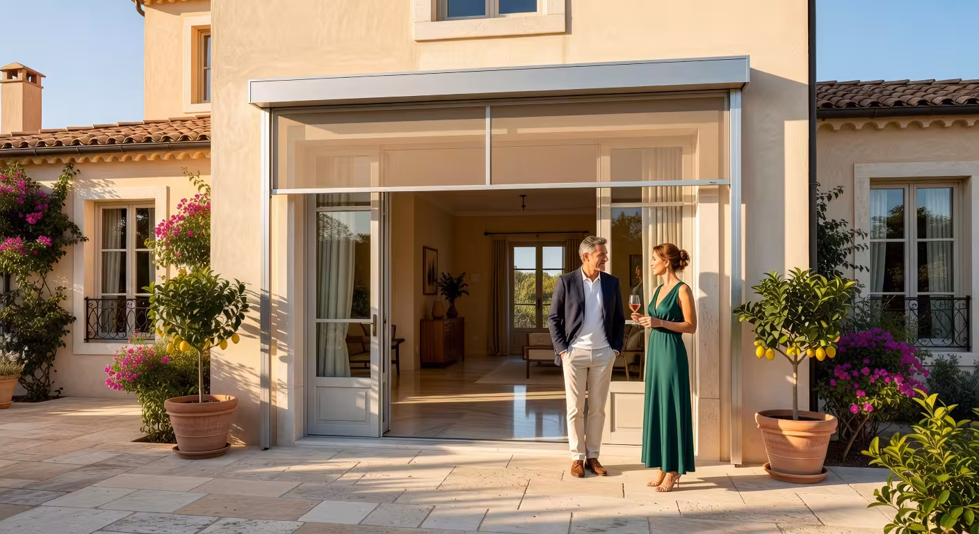 Sistema de pantalla retráctil elegante en puerta francesa de villa de lujo con pareja disfrutando del espacio interior-exterior