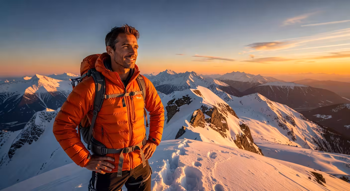 Hombre con chaqueta técnica Rab en montaña nevada, equipamiento outdoor de alto rendimiento
