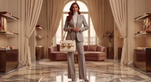 Guía completa de bolsos Valentino Garavani: Los modelos imprescindibles que definen el lujo contemporáneo Mujer europea sujetando elegante bolso Valentino Garavani Panthea con patrón chevron y detalles felinos en boutique de lujo italiana