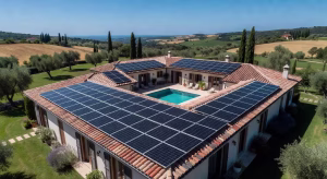 7 beneficios de tener paneles solares instalados en tu hogar Paneles solares instalados en el tejado de una villa de lujo mediterránea