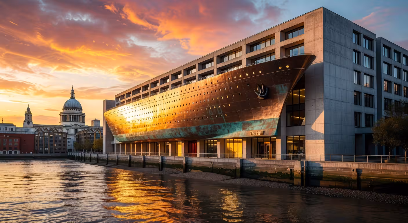 Exterior del Sea Containers London Hotel al atardecer con vistas al río Támesis y la Catedral de San Pablo