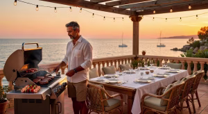 Todo lo que necesitas para una barbacoa de verano perfecta Barbacoa de lujo en terraza mediterránea con mobiliario elegante y ambiente acogedor para verano