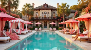 El esplendor del Hotel Bardo Savannah: lujo renacido en Forsyth Park Piscina de lujo del Hotel Bardo Savannah con estética mediterránea y mansión victoriana de fondo