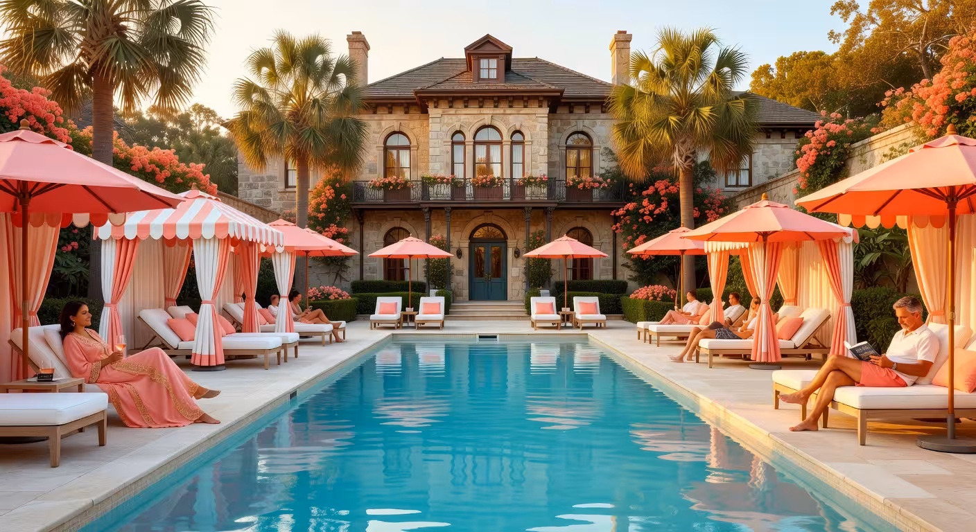 Piscina de lujo del Hotel Bardo Savannah con estética mediterránea y mansión victoriana de fondo