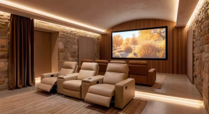Cine en casa de lujo en sótano de villa mediterránea con butacas de cuero y sistema de proyección de última generación