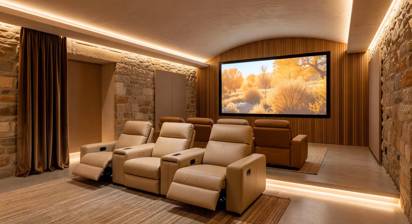 Sótanos impresionantes: Villas de lujo con cine en casa y bodegas exclusivas Cine en casa de lujo en sótano de villa mediterránea con butacas de cuero y sistema de proyección de última generación