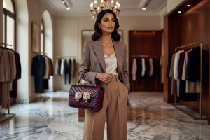 Mujer europea sujetando elegante bolso Valentino Garavani Panthea con patrón chevron y detalles felinos en boutique de lujo italiana