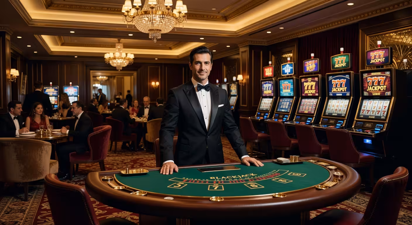 Interior lujoso de casino en línea moderno con mesas de juego y ambiente sofisticado