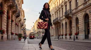 Guía completa de bolsos Valentino Garavani: los modelos imprescindibles que definen el lujo contemporáneo Mujer europea sosteniendo bolso Valentino Garavani Panthea con patrón chevron y detalles felinos en calle europea elegante