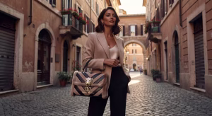 Mujer europea sosteniendo bolso Valentino Garavani Panthea con patrón chevron y detalles felinos en calle europea elegante