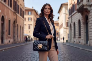 Guía completa de bolsos Valentino Garavani: los modelos imprescindibles que definen el lujo contemporáneo Mujer europea sosteniendo bolso Valentino Garavani Panthea con patrón chevron y detalles felinos en calle europea elegante