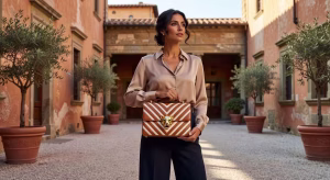 Mujer mediterránea elegante sosteniendo bolso Valentino Garavani Panthea con patrón chevron en patio italiano con luz natural