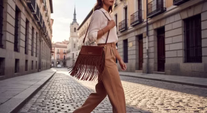 Guía completa de bolsos Valentino Garavani: Los modelos imprescindibles que definen el lujo contemporáneo Mujer europea elegante llevando bolso Valentino Nellcôte de ante marrón con flecos por las calles adoquinadas del Madrid histórico durante la hora dorada