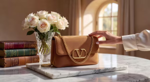 Detalle del bolso Valentino Garavani Nellcôte en ante camel sobre mesa de mármol con elementos de estilo de vida de lujo