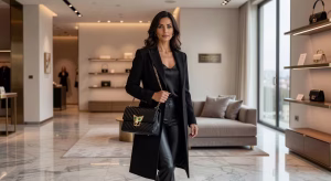 Mujer europea con bolso Valentino Garavani Panthea negro caminando por boutique de lujo contemporánea