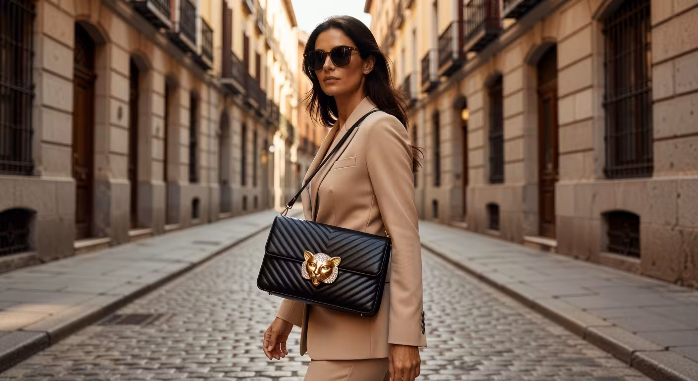 Mujer elegante llevando bolso Valentino Garavani Panthea negro con patrón chevron y detalles de cabezas felinas doradas en distrito de lujo de Madrid
