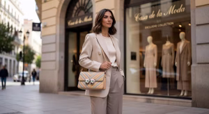 Mujer europea elegante sosteniendo bolso Valentino Garavani Panthea con patrón chevron y cabezas felinas con cristales Swarovski