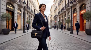 Mujer elegante llevando bolso Valentino Garavani Panthea negro con patrón chevron y detalles de cabezas felinas doradas en distrito de lujo de Madrid