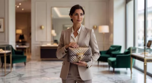 Guía completa de bolsos Valentino Garavani: los modelos imprescindibles que definen el lujo contemporáneo Mujer mediterránea elegante sosteniendo bolso Valentino Garavani Panthea con patrón chevron y cabezas felinas doradas con cristales Swarovski en boutique italiana de lujo