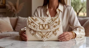 Guía completa de bolsos Valentino Garavani: Los modelos imprescindibles que definen el lujo contemporáneo Detalle del bolso clutch Valentino Garavani DeVain con bordados de perlas y cierre VLogo