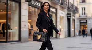 Guía completa de bolsos Valentino Garavani: los modelos imprescindibles que definen el lujo contemporáneo Mujer elegante llevando bolso Valentino Garavani Panthea negro con patrón chevron y detalles de cabezas felinas doradas en distrito de lujo de Madrid