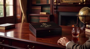 Caja de puros cubanos Romeo y Julieta sobre escritorio de caoba en estudio elegante