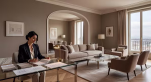 Jen Dallas: visión confiable y diseño atemporal para espacios de lujo Diseñadora de interiores trabajando en proyecto de lujo con muestras de materiales y bocetos