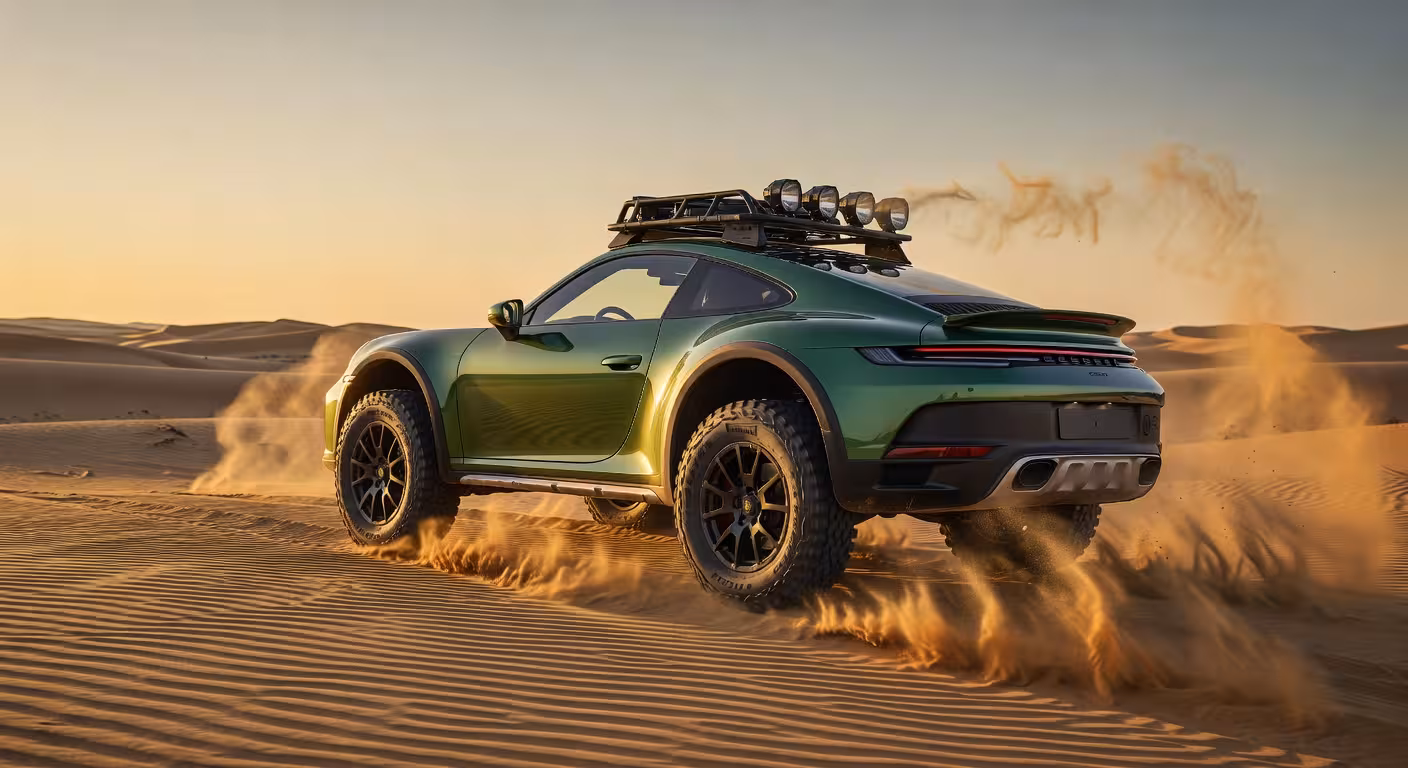 Porsche 911 Dakar en el desierto con suspensión elevada y neumáticos todoterreno