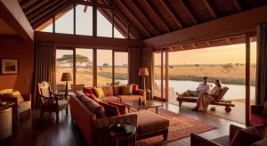 Interior de lujo de Monwana Game Lodge con ventanas de catedral y vistas al abrevadero en Thornybush