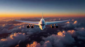 Boom Overture avión supersónico volando sobre las nubes al atardecer