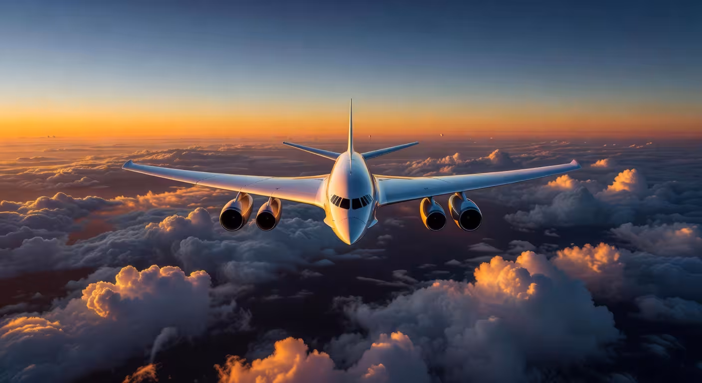 Boom Overture avión supersónico volando sobre las nubes al atardecer