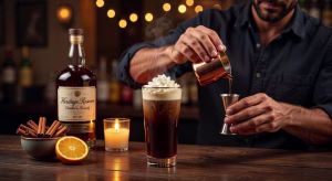 Las mejores bebidas para pedir cuando aprieta el frío Cóctel de café irlandés humeante con whisky premium en ambiente invernal elegante
