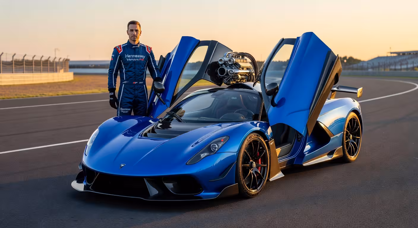 Hennessey Venom F5 Roadster azul con techo de fibra de carbono extraíble en circuito al atardecer
