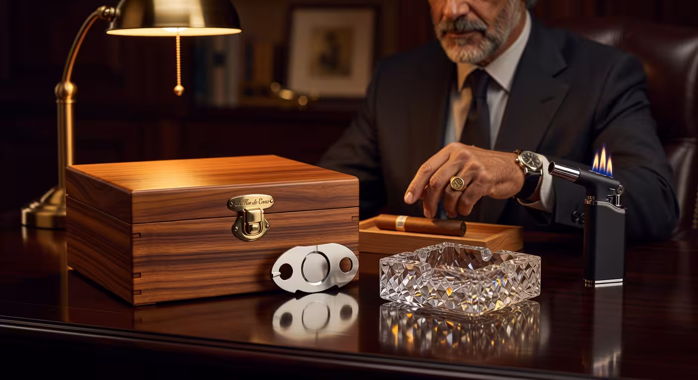 Accesorios premium para fumadores de puros: cortador, encendedor y humidor de lujo sobre escritorio de madera