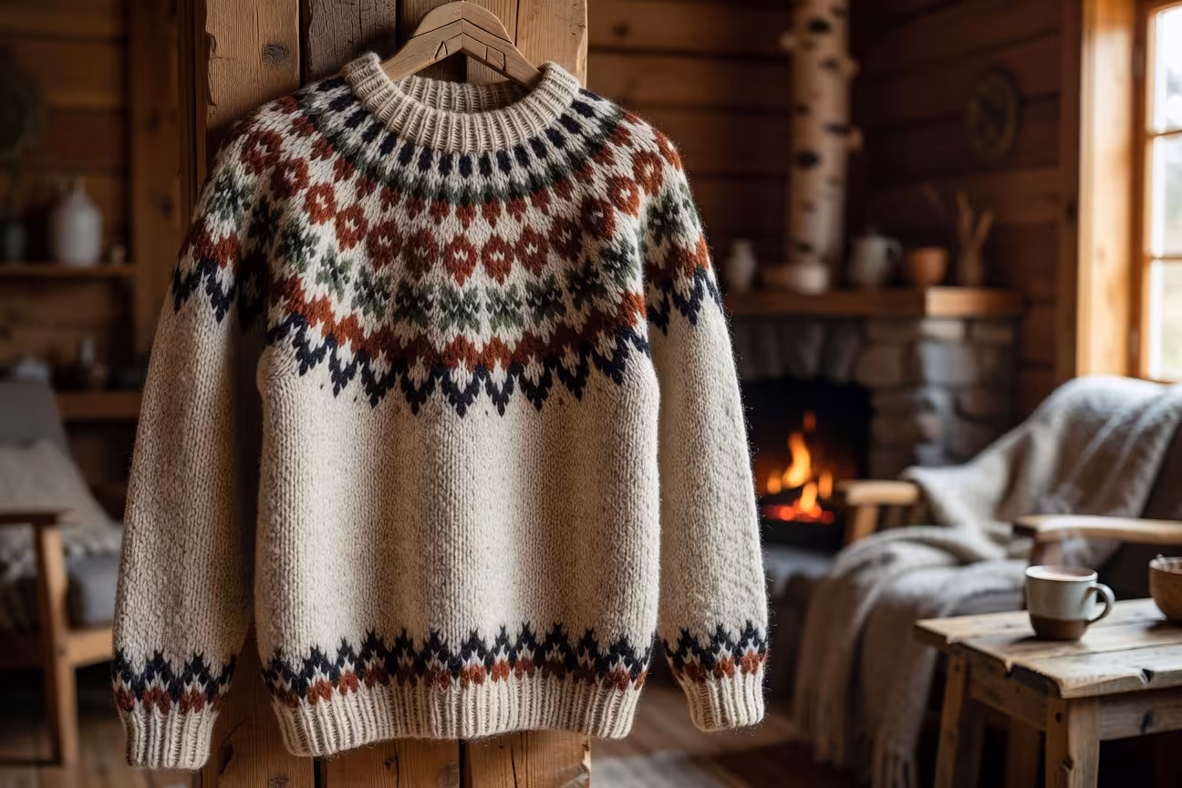 Jersey islandés lopapeysa auténtico con patrón tradicional de yugo circular tejido a mano