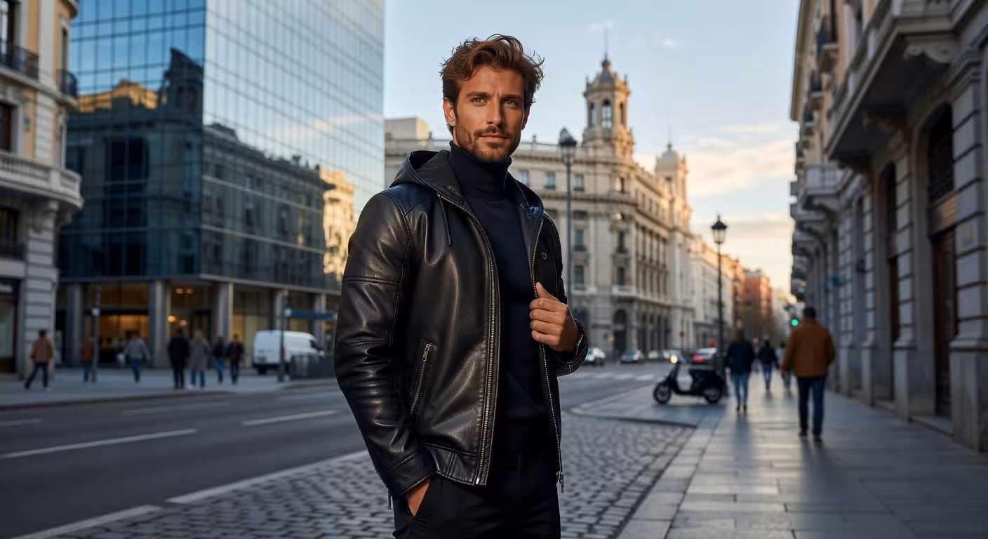 Hombre con estilo vistiendo chaqueta de cuero negra con capucha en entorno urbano moderno
