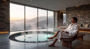 7 retiros de spa internacionales para una escapada de lujo inolvidable Interior de retiro de spa de lujo con vistas a montañas al amanecer, piscina geotermal y diseño minimalista