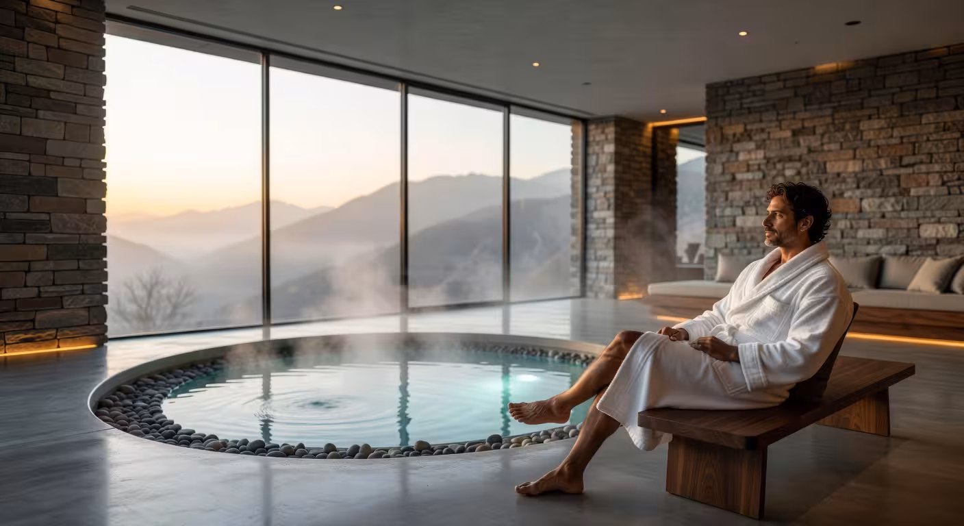 Interior de retiro de spa de lujo con vistas a montañas al amanecer, piscina geotermal y diseño minimalista